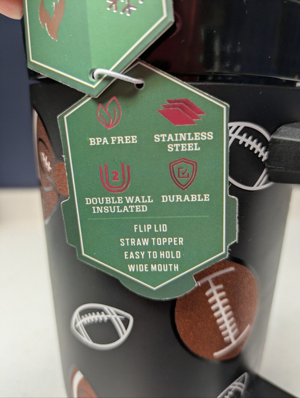 Glittery Football & Bows Print Travel Tumbler with Handle Removable Straw Topper - Picture 8 of 14